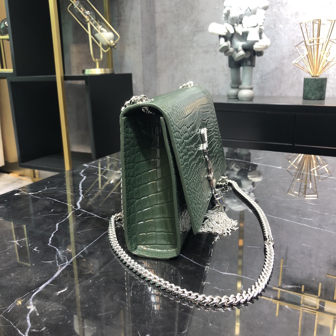 Saint Laurent Kate Tassel Medium Crocodile Embossed Calfskin Shoulder Bag Army Green 354119 Silver